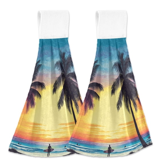 Dreamy Sunset Beach Tropical Trees Hanging Towels with Loop Hand Towels Nylon Fastener Tape Design Dish Cloths 2 Pieces