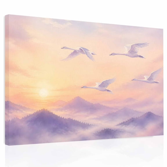 Dreamy Sunset Canvas Print Wall Art, Crane Purple Mountains Clouds Romantic Serene Wall Decor Modern Artwork Paintings Pictures for Living Room Framed and Stretched Ready to Hang 16" x 20"