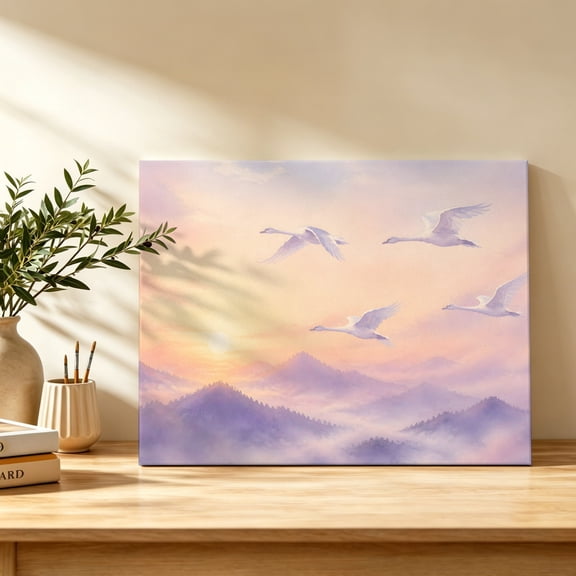 Dreamy Sunset Canvas Wall Art, Crane Purple Mountains Clouds Romantic Serene Wall Art Prints Artwork Framed Canvas Ready to Hang Art Pictures for Bathroom Bedroom Entry Desk Corner 10" x 8"