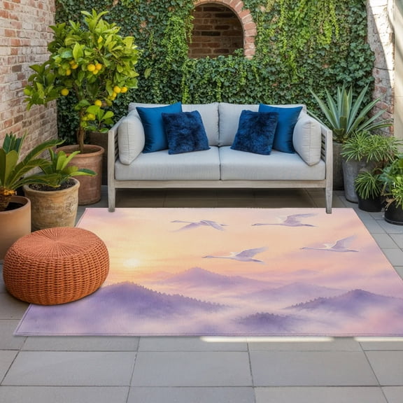 Dreamy Sunset Indoor Outdoor Rugs 4x6 Ft, Crane Purple Mountains Clouds Romantic Serene Outdoor Patio Rugs Mat Washable Outside Area Rugs Carpet for Porch Deck RV Camping Pool Balcony Backyard