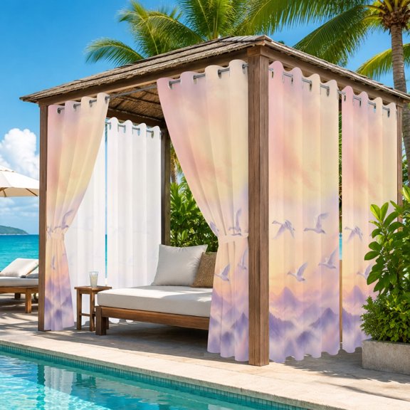 Dreamy Sunset Outdoor Curtains for Patio, Crane Purple Mountains Clouds Romantic Serene Waterproof Outside Curtains Privacy Blackout Curtain for Porch Pergola Cabana, 2 Panel 54W x 108L Inch