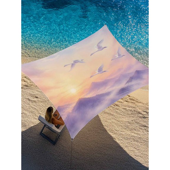 Dreamy Sunset Sun Shade Sail 12' x 16', Crane Purple Mountains Clouds Romantic Serene Rectangle Outdoor Sunshade Canopy, Waterproof UV Block Patio Covers for Garden Yard Beach