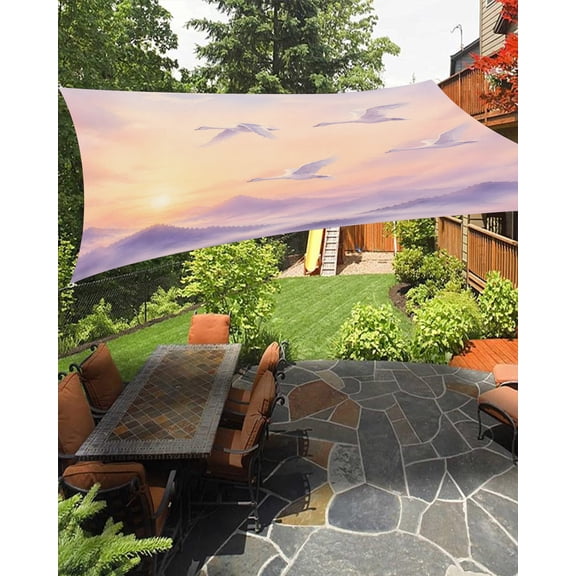 Dreamy Sunset Sun Shade Sail 6.5'X10' Crane Purple Mountains Clouds Romantic Serene UV Block Outdoor Sail Shades Breathable Waterproof Rectangular Sunshade for Patio Garden Pool Pergola Porch