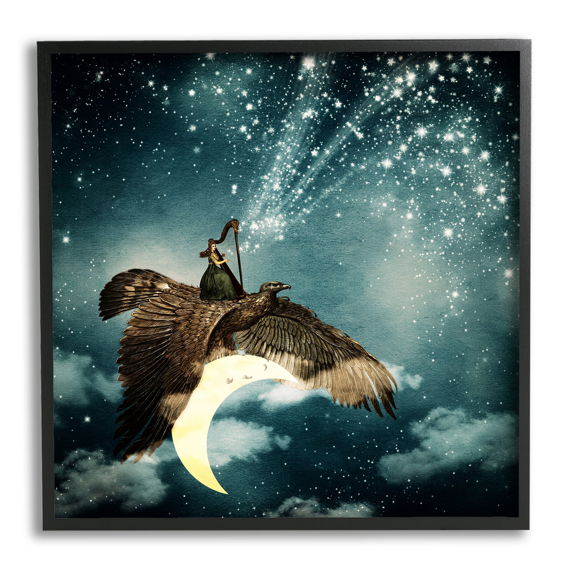 Dreamy Surreal Bird Flying Moon Harp Galaxy Stars Animals & Insects Painting Framed Art Print Wall Art