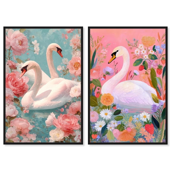 Dreamy Swans 2 Panel Set Canvas Print Glam Wall Art by Art Remedy, Black Frame, 10 x 15