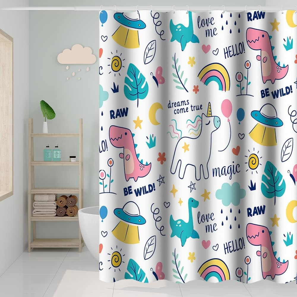 Dreamy Theme Bathroom Shower Curtain Cartoon Dino Dinosaur Rainbow Magical Shower Curtain with Hooks Waterproof Fabric Polyester Shower Curtain for Kids Girls Bath Decorative, 72x84 Inch
