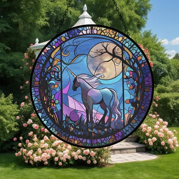 Dreamy Unicorn Glass Suncatcher, Enchanted Forest Window Garden Decoration Fantasy Theme, 6.3 in