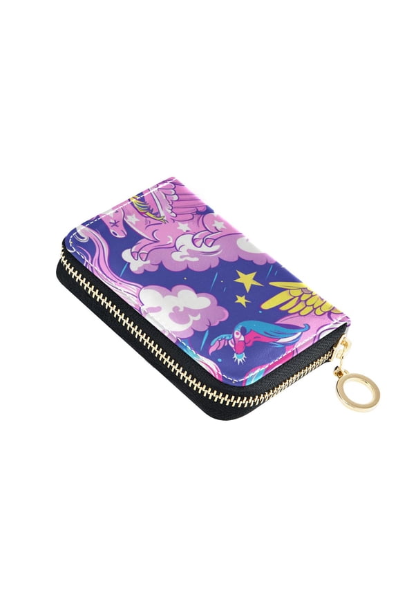Dreamy Unicorns Clouds Stars Moon Women's Credit Card Holder PU Leather Zipper Wallet RFID Blocking