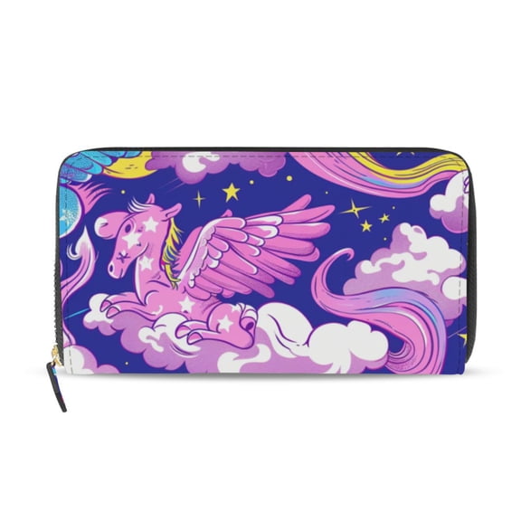 Dreamy Unicorns Clouds Stars Moon Women's Long Zipper Wallet Bifold Clutch Purse PU Leather Card Cases