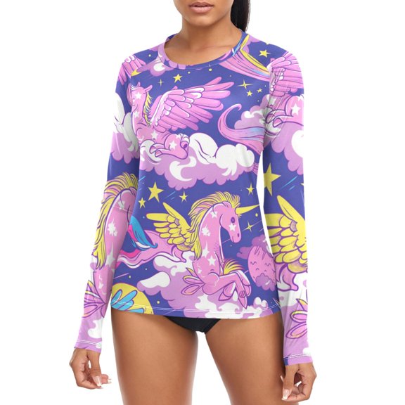 Dreamy Unicorns Clouds Stars Moon Women's Rash Guard Shirts UPF 50+ Sun Protection Clothing Long Sleeve Swim Suits M