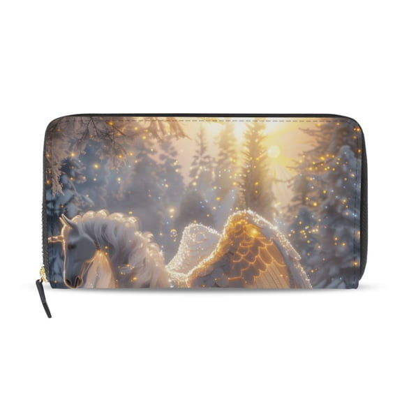 Dreamy Unicorns Snow Forest River Women's Long Zipper Wallet Bifold Clutch Purse PU Leather Card Cases