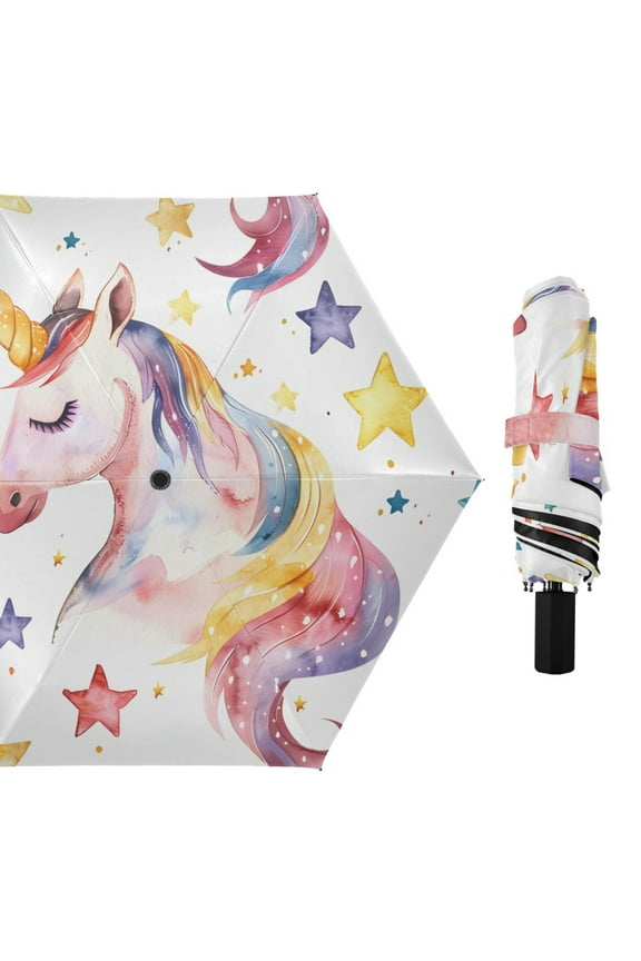 Dreamy Unicorns with Colorful Stars All Weather Umbrella Triple Folding Parasol 6 Ribs UV Protection Portable