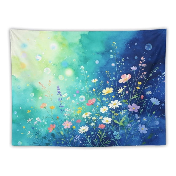 Dreamy Watercolor Wildflower Tapestry, Gradient Blue Background with Bubbles Wall Hanging, Aesthetic Whimsical Floral Art Tapestry for Bedroom Living Room Dorm, 60x40in