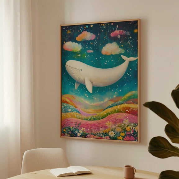 Dreamy Whale Art – Surreal Fantasy Landscape With Pink River, Wildflowers, And Starry Night Sky Wall Art, Modern Wall Decor, 12x18 UNFRAMED