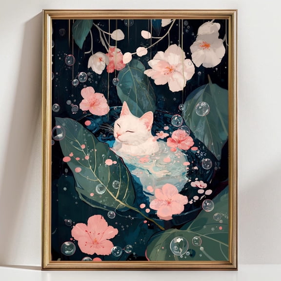 Dreamy White Cat Bath Art Floral Sakura Wall Art Serene Forest Bathroom Decor