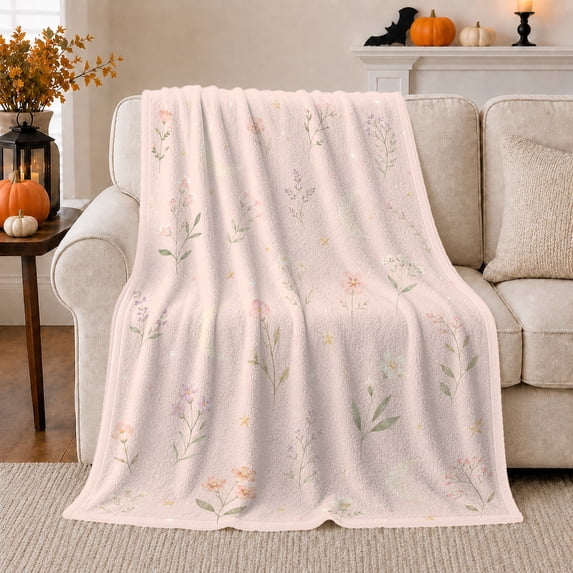 Dreamy Wildflower Star Scattered Pink, Peaceful Botanical Garden Scene, Warm Flannel Blanket for Sunroom and Reading Nook, Celestial Art Lovers Housewarming Gift, Celestial Home Decor