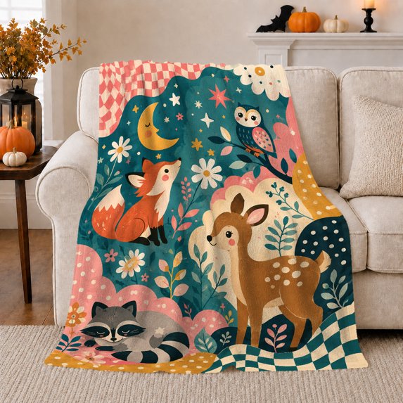 Dreamy Woodland Animals, Peaceful Bird Art Scene, Warm Flannel Blanket for Living Room and Reading Nook with Detailed Artwork, Bird Lovers Friendship Gift, Artistic Home Decor