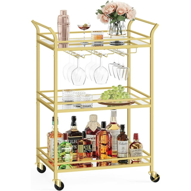 DreamyHM Bar Cart, Home Bar Serving Cart, Small Bar Cart with 3-Tier Shelf, Wine Holders, Glass Holders, Bar Cart for Small Spaces, Kitchen, Living Room, 15 x 23.6 x 36.2 Inches, Gold