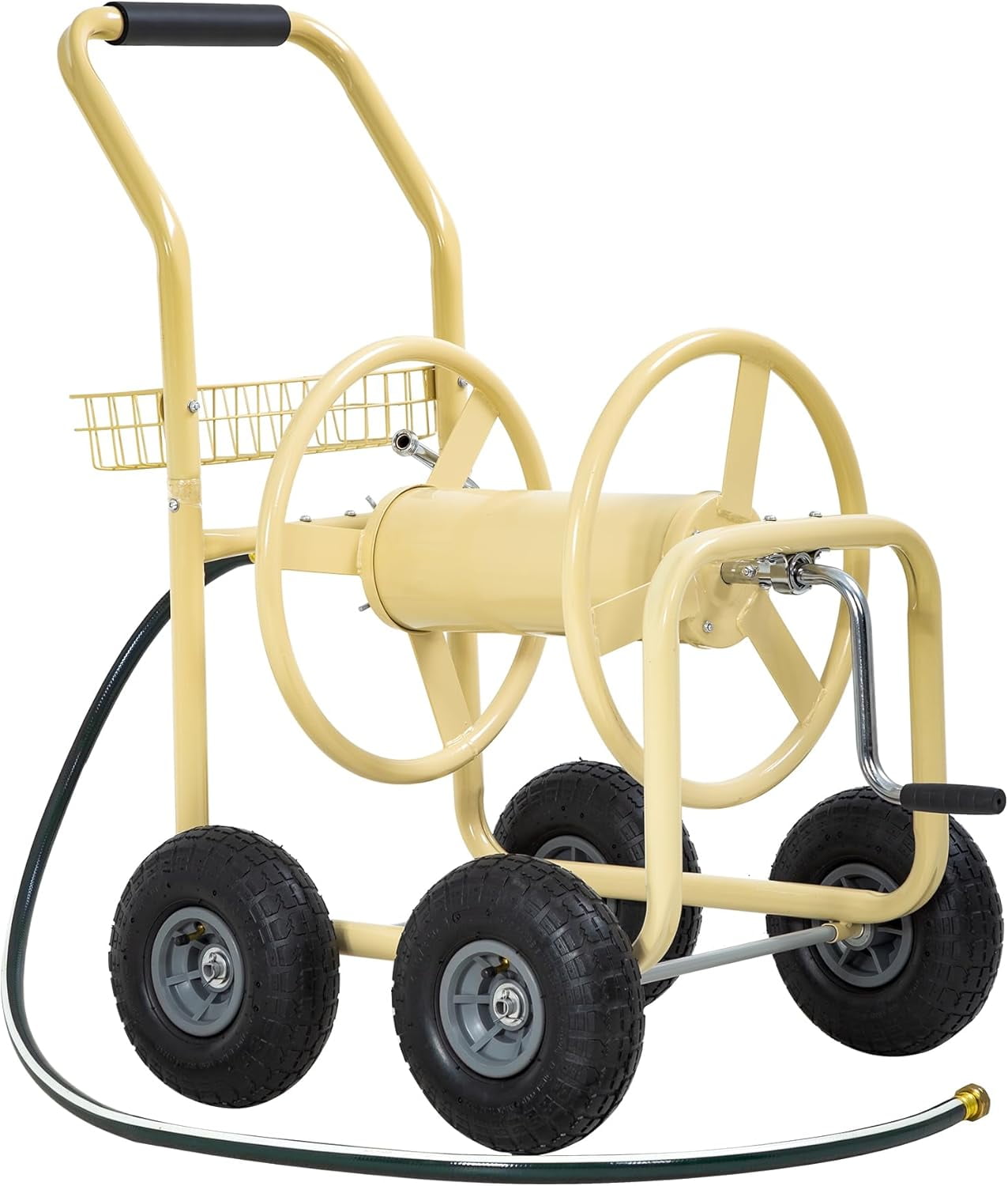 Tan Heavy Duty Metal Outdoor Hose Reel Cart with Storage Basket