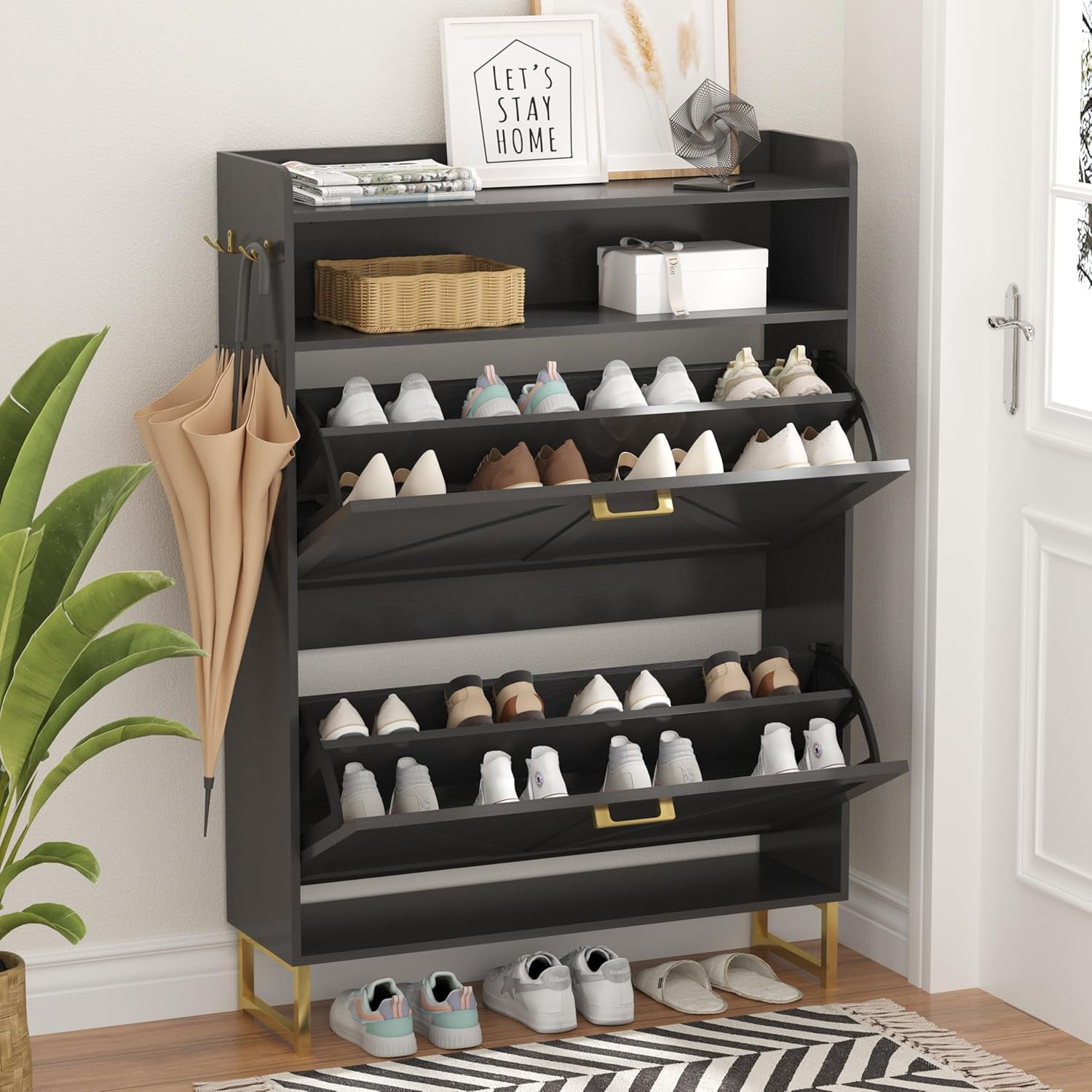 DreamyHM Shoe Cabinet with 2 Flip Drawers, Freestanding Hidden Shoe ...