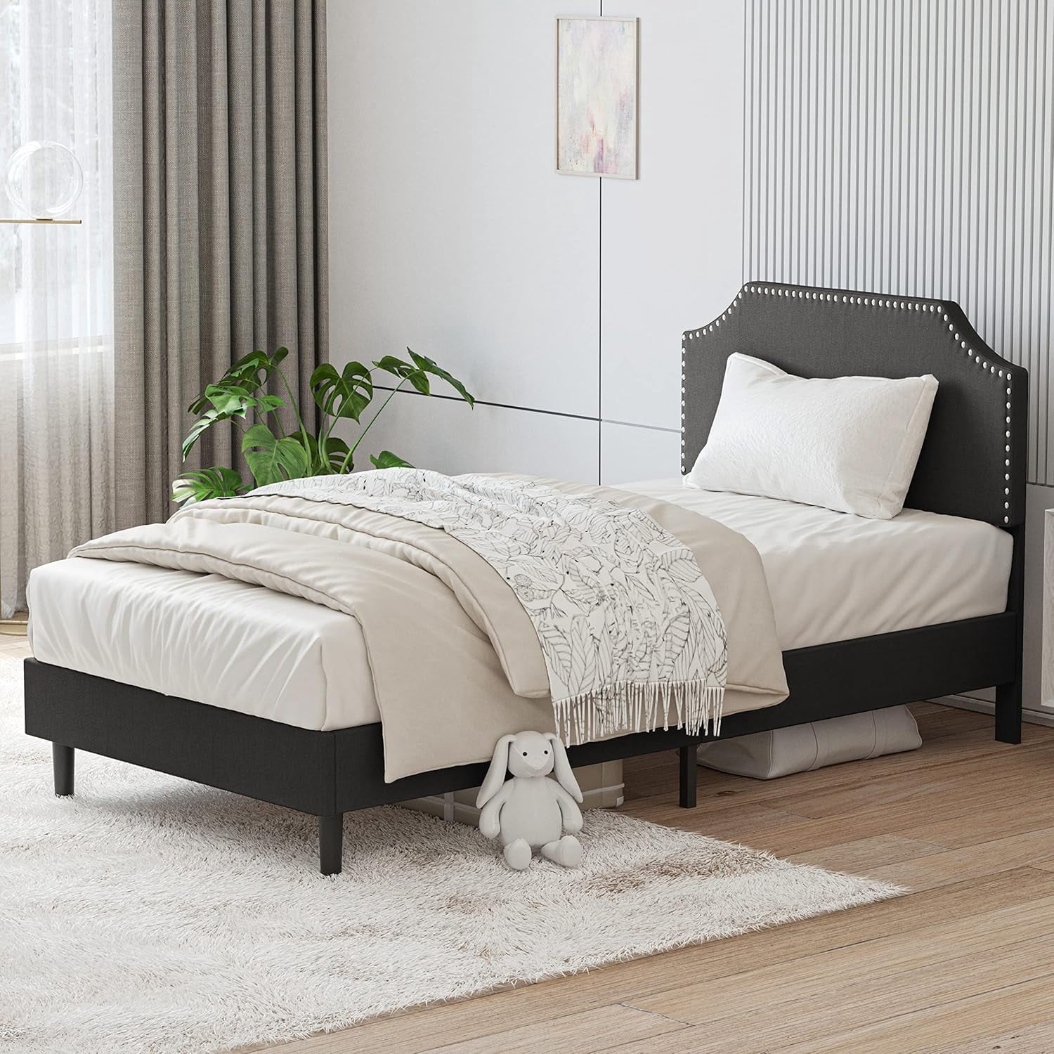 DreamyHM Upholstered Platform Twin Bed Frame with Nailhead Trim ...