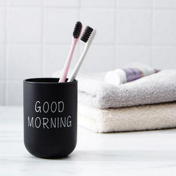DreamyJuly 2pcs Bathroom Toothbrush Holder, Circular Cup Simple Plain Couple Tooth Cup with Good Morning Design - Countertop Toothbrush Organizer
