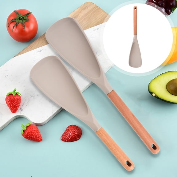 DreamyJuly Multi Function Spoon New 2 in 1 Multi Function Spatula Spoon For Cooking and Serving Long Head Silicone Salad Spatula Spoon with Wood Handle Cooking Utensil Kitchen Gadgets, khaki, M