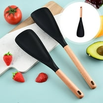 DreamyJuly Multi Function Spoon New 2 in 1 Multi Function Spatula Spoon For Cooking and Serving Long Head Silicone Salad Spatula Spoon with Wood Handle Cooking Utensil Kitchen Gadgets, black, L