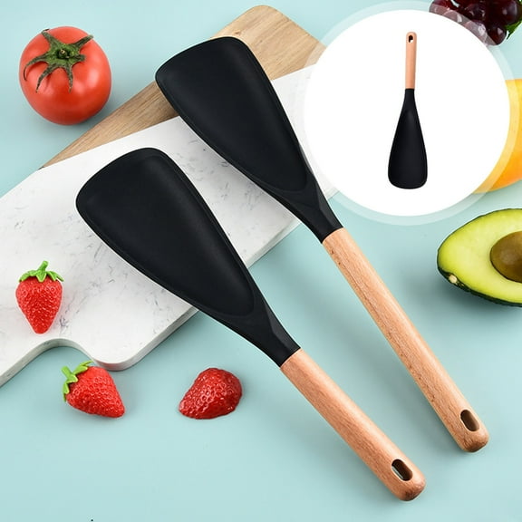 DreamyJuly Multi Function Spoon New 2 in 1 Multi Function Spatula Spoon For Cooking and Serving Long Head Silicone Salad Spatula Spoon with Wood Handle Cooking Utensil Kitchen Gadgets, black, L