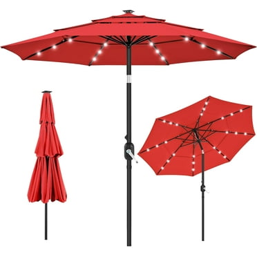 DreamyTrendy 10ft 3-Tier Vented Solar Patio Umbrella, Table Outdoor Market Umbrella with 24 LED Lights, 8 Sturdy Ribs Beach Umbrella with Tilt and Crank for Garden, Deck, Red