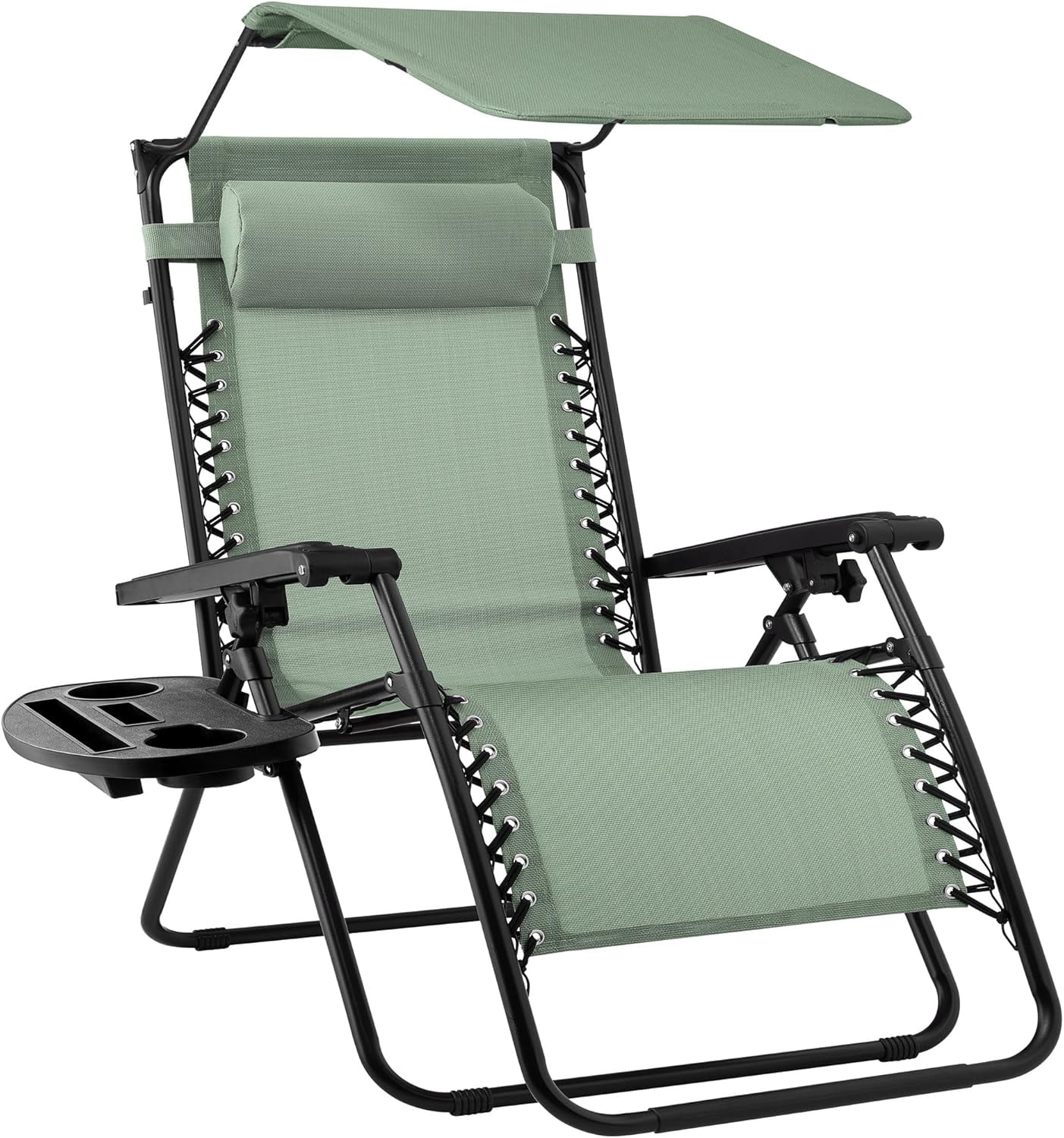 Sage Green Folding Zero Gravity Recliner with Canopy and Tray