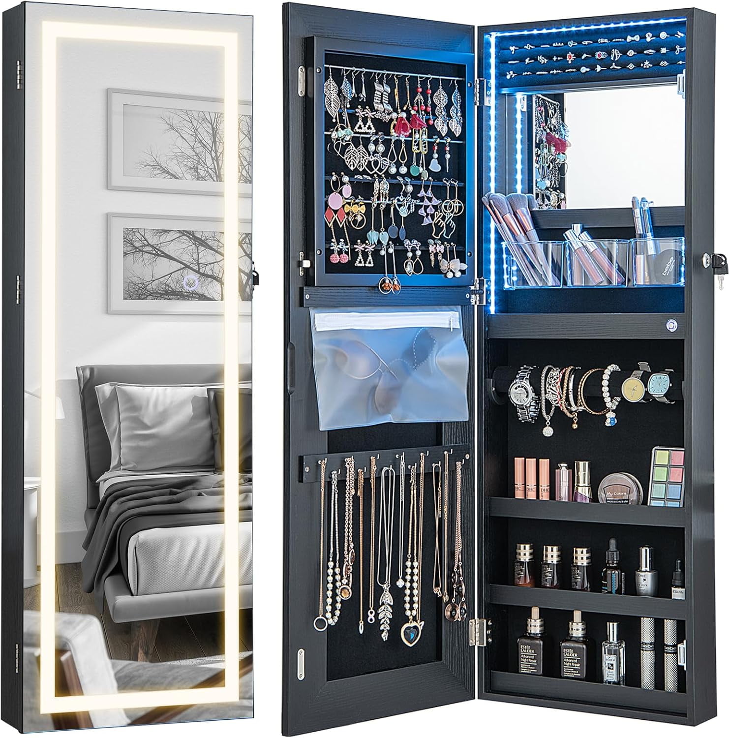 DreamyTrendy LED Mirror Jewelry Cabinet, Lockable Jewelry Armoire with