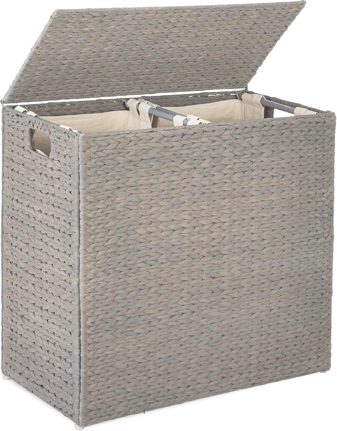 Large Gray Handwoven Water Hyacinth Double Laundry Hamper with Lid