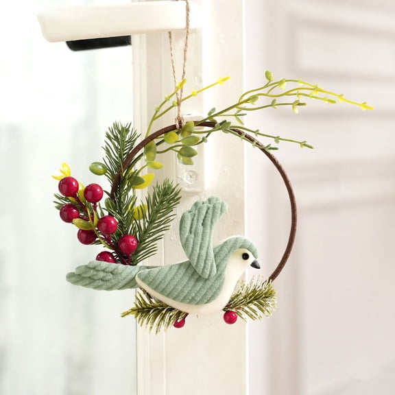 Dreamyjuly Wreath Hanging Decoration with Bird Plush and Branch Doll, Wall and Window Display for Spring Easter, Rustic Farmhouse Door Decor, Green