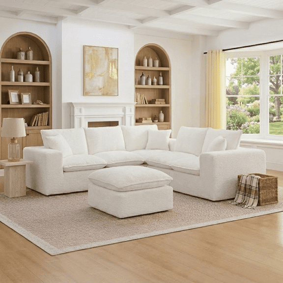 Dreamzie 107" Sectional Sofa,L-shaped Sectional Sofa Comfy Cloud Couch with Pillows, 6 Seater Modular Sectional Sofa, Warm White