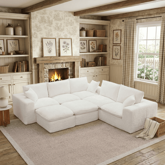 Dreamzie 107" Sectional Sofa,L-shaped Sectional Sofa Comfy Cloud Couch with Pillows, 7 Seater Modular Sectional Sofa, Warm White