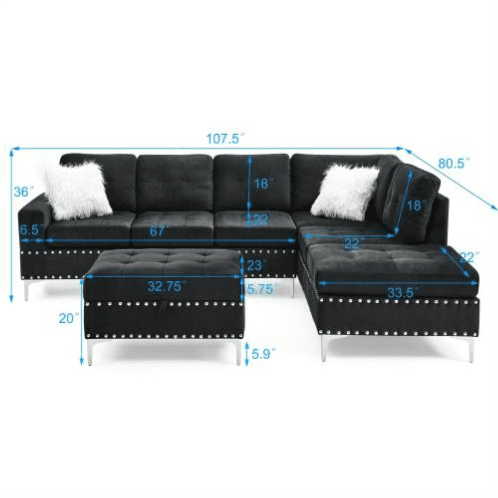 Dreamzie 108'' Sectional Sofa Set, Modular 5-Seater Sofa with Reversible Chaise & Cup Holders, L-Shaped Sectional Couch with Storage Ottoman for Living Room｜ Velvet｜ Black