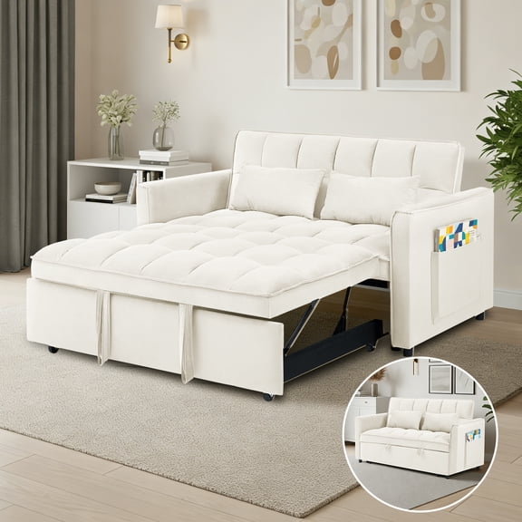 Dreamzie 3 in 1 Convertible Sleeper Sofa Bed, 55'' Loveseat Sleeper Sofa, Pull Out Couch Bed with Side Pocket & Adjustable Backrest for Living Room,Velvet Fabric, Beige