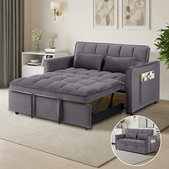 Dreamzie 3 in 1 Convertible Sleeper Sofa Bed, 55'' Loveseat Sleeper Sofa, Pull Out Couch Bed with Side Pocket & Adjustable Backrest for Living Room, Velvet Fabric, Dark Gray