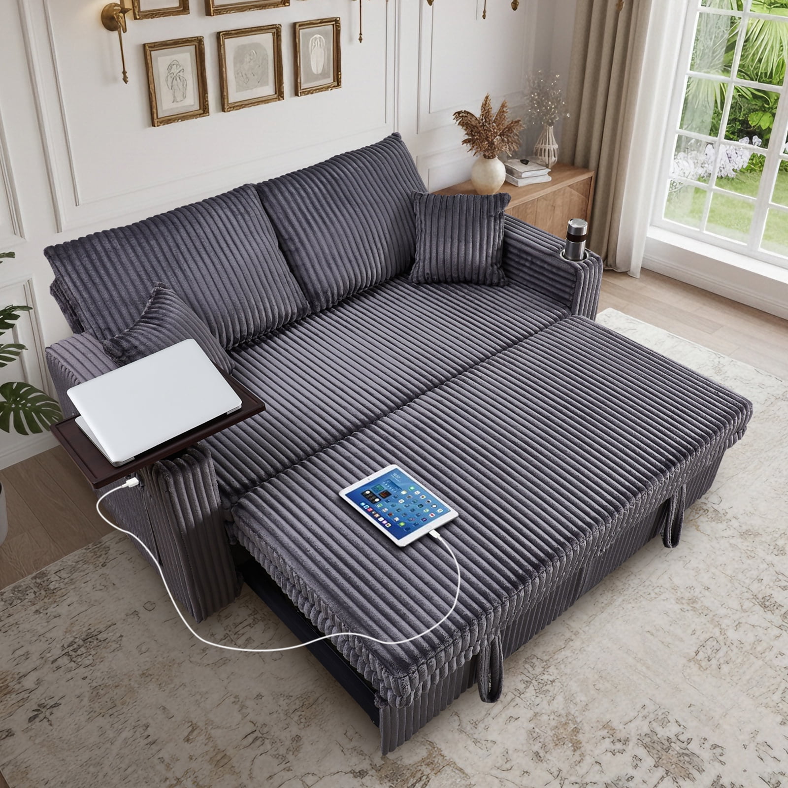 Dreamzie 3 in 1 Convertible Sofa Bed, 65” Sleeper Sofa with Pull Out Couch Bed, Corduroy Loveseat with 360° Swivel Side Table | USB Port | Adjustable Backrest for Living Room, Apartment (Deep Grey)