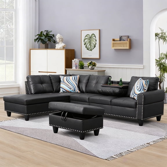 Dreamzie Flippable Backrest Sectional Sofa Set, L-Shaped Faux Leather Sectional Couches with Storage Ottoman for Living Room ,Black