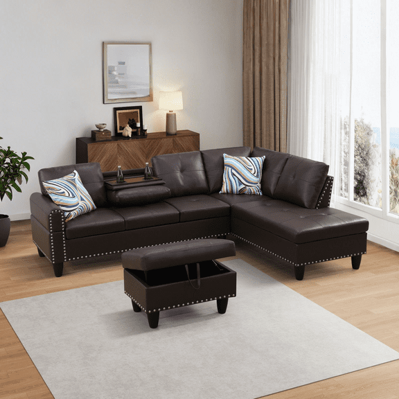 Dreamzie Flippable Backrest Sectional Sofa Set, L-Shaped Faux Leather Sectional Couches with Storage Ottoman for Living Room ,Vintage Wine Red