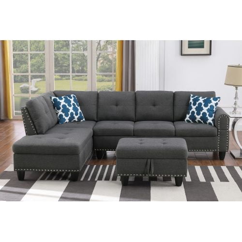 Dreamzie Flippable Backrest Sectional Sofa Set, L-Shaped Linen Modular Sectional Couches for Living Room, Apartment, Storage Ottoman,Dark Gray