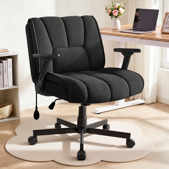 Dreandeer Criss Cross Office Chair with Wheels, Wide Seat Vanity Chair with Flip-Up Arms, Adjustable Height and Airbag Lumbar Support, Black