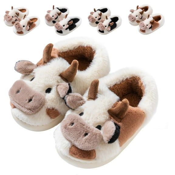 Drecage Toddler Boys Girls Cute Cow Slippers Kids Non-Slip Fuzzy Bedroom House Shoes