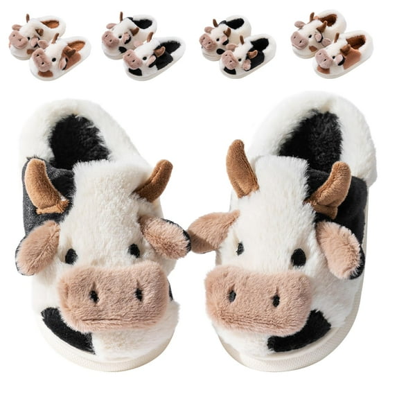 Drecage Toddler Boys Girls Cute Cow Slippers Kids Non-Slip Fuzzy Bedroom House Shoes