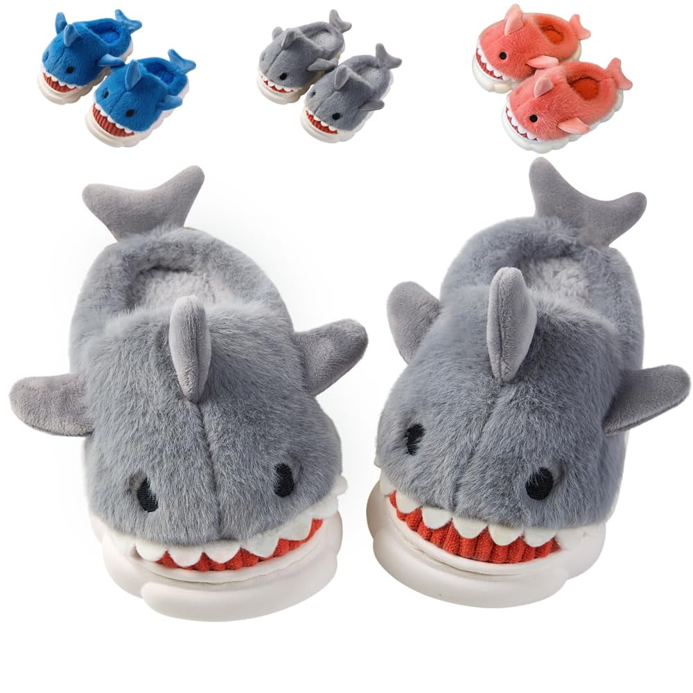 Toddler Boys Girls Cute Shark Slippers Kids Non-Slip Fuzzy House Bedroom Slippers