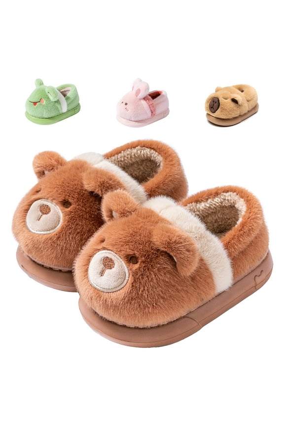 Toddler Kids Cute Bear Slippers Boys Girls Winter Warm Fuzzy Bedroom House Shoes