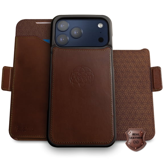 Dreem Real Leather for iPhone 17 Pro Case Wallet, Revolutionary Phone Stand, MagSafe-Fit, Magnetic Detachable Flip Cover, RFID Blocking Card Holder, Gift-Box [Fibonacci:Chestnut]