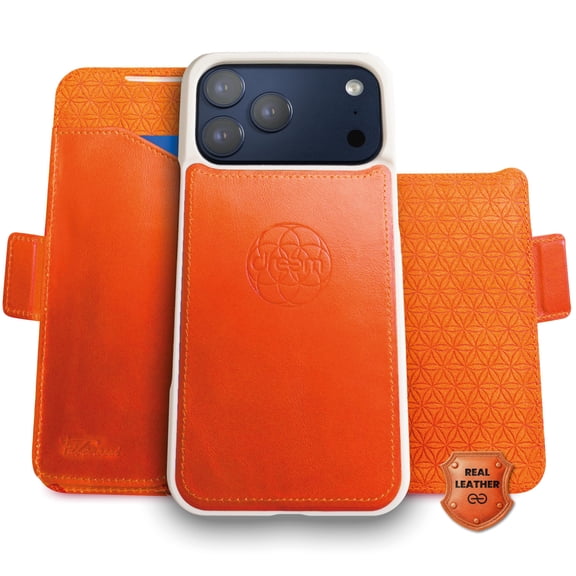 Dreem Real Leather for iPhone 17 Pro Case Wallet, Revolutionary Phone Stand, MagSafe-Fit, Magnetic Detachable Flip Cover, RFID Blocking Card Holder, Gift-Box [Fibonacci:Orange]
